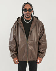 Brown Two-Way Hooded Leather Blouson Jacket