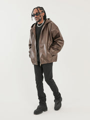 Brown Two-Way Hooded Leather Blouson Jacket