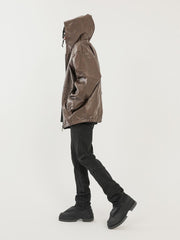 Brown Two-Way Hooded Leather Blouson Jacket