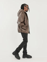 Brown Two-Way Hooded Leather Blouson Jacket