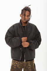 Black Double Zip & Snap Nylon Quilted Jacket