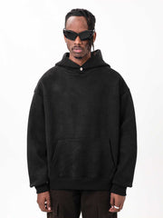 Black Boxy Bonded Suede Button Hoodie