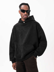 Black Boxy Bonded Suede Button Hoodie
