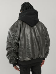 Black Leather Hooded Bomber Jacket