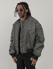 Black Faded Vintage Wash Padded Bomber Jacket