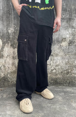 Black Snap Cargo Pocket Wide Leg Corduroy Pants