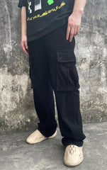 Black Snap Cargo Pocket Wide Leg Corduroy Pants