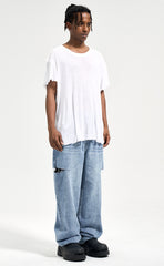 Light Blue Worn In Wash Cutout Loose Fit Wide Leg Denim