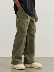 Army Green Vintage Wash Snap Belt Wide Leg Cargo Twill Pants
