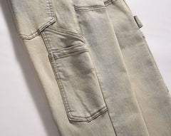 Light Blue Bleach Tint Wash Double-Front Workwear Zip Flare Leg Denim