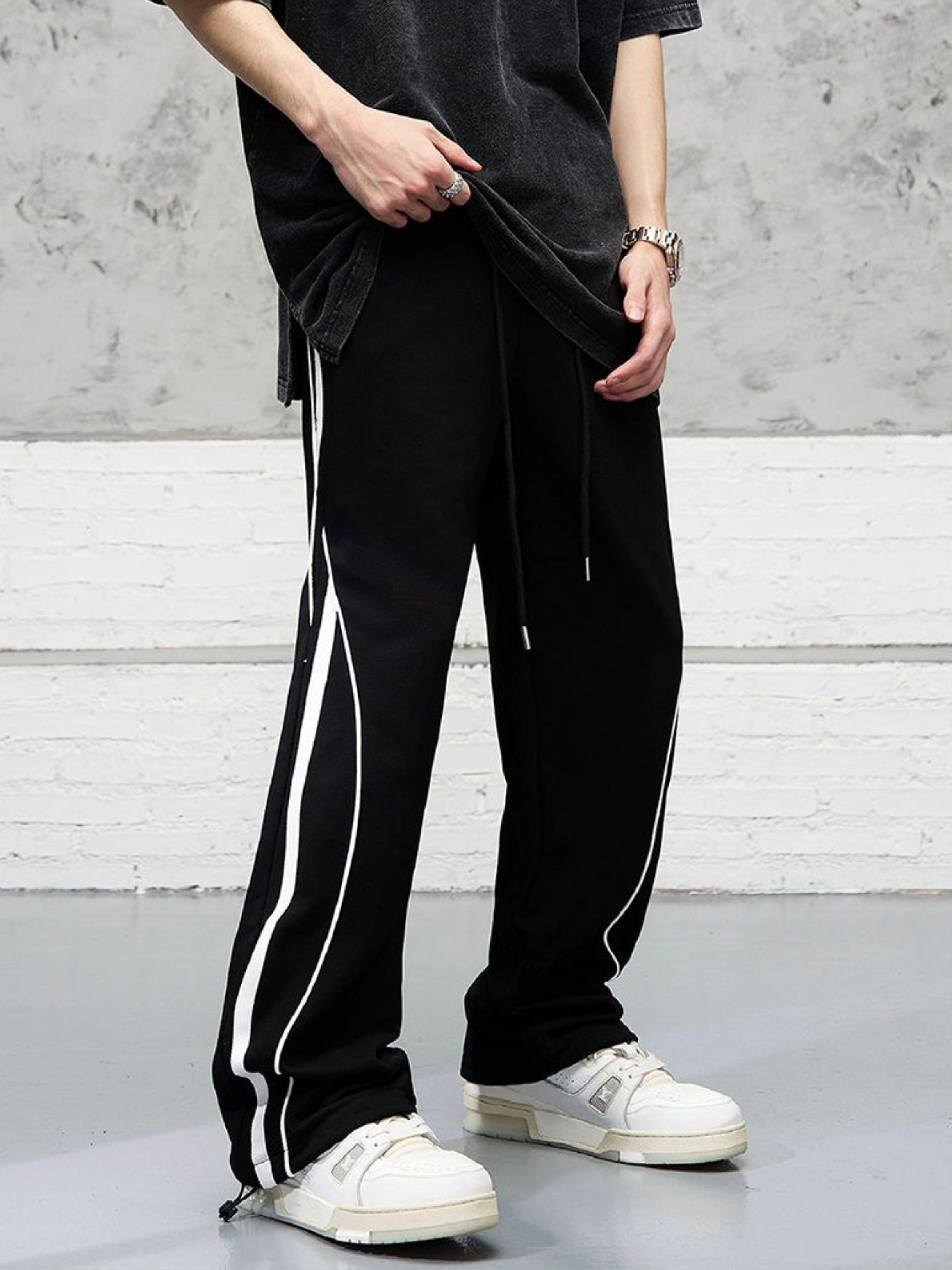 product Black & White Twill Tape Stripe Toggle Wide Leg Sweatpants ...