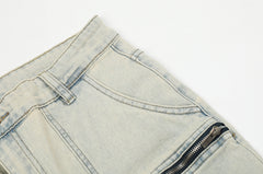 Light Blue Bleach Wash Multi Zip & Snap Pocket Rear Zip Flare Leg Denim