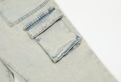 Light Blue Bleach Wash Multi Zip & Snap Pocket Rear Zip Flare Leg Denim