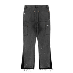 Dark Grey & Black Vintage Wash Carpenter Double-Front Stacked Straight Leg Denim