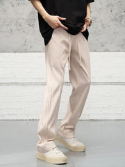 Beige Self Stripe Pleated Track Pants