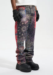 Black, Red & Blue Bandana Patch Work Straight Leg Denim