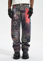 Black, Red & Blue Bandana Patch Work Straight Leg Denim