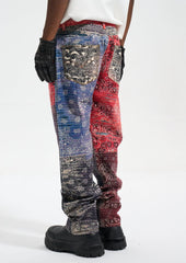 Black, Red & Blue Bandana Patch Work Straight Leg Denim