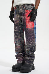 Black, Red & Blue Bandana Patch Work Straight Leg Denim