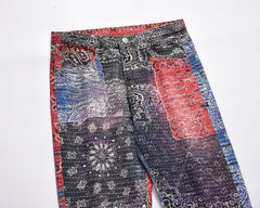 Black, Red & Blue Bandana Patch Work Straight Leg Denim