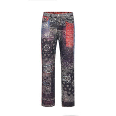 Black, Red & Blue Bandana Patch Work Straight Leg Denim