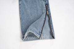Light Blue Vintage Wash Zip-Leg Panelled Straight Leg Denim