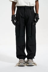 Black Knee Gusset 3D Cargo Flare Leg Twill Pants