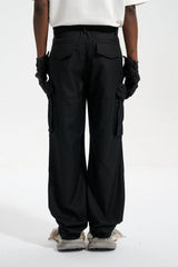 Black Knee Gusset 3D Cargo Flare Leg Twill Pants