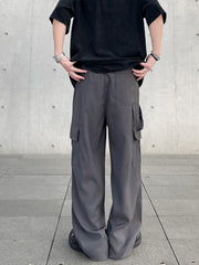 Dark Grey Drawstring Side Strap & Snap Cargo Wide Leg Pants