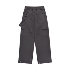 Dark Grey Drawstring Side Strap & Snap Cargo Wide Leg Pants