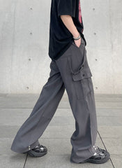 Dark Grey Drawstring Side Strap & Snap Cargo Wide Leg Pants