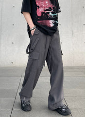 Dark Grey Drawstring Side Strap & Snap Cargo Wide Leg Pants