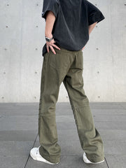 Olive Green Pleated Flare Leg Twill Pants