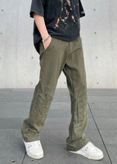 Olive Green Pleated Flare Leg Twill Pants