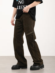 Dark Brown Loose Fit Panel Diagonal Cargo Flare Leg Twill Pants