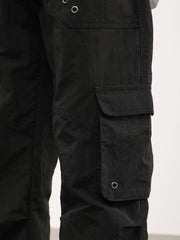 Black Toggle Waistband Eyelet Cargo Nylon Pants