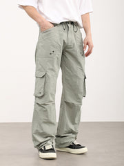 Grey Toggle Waistband Eyelet Cargo Nylon Pants