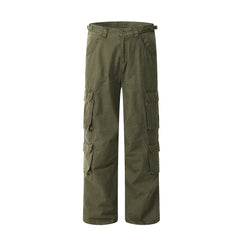 Army Green Vintage Wash Dual Cargo Pocket Wide Leg Twill Pants