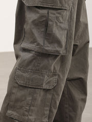 Dark Grey Vintage Wash Dual Cargo Pocket Wide Leg Twill Pants