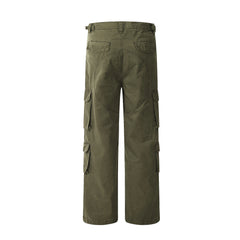 Army Green Vintage Wash Dual Cargo Pocket Wide Leg Twill Pants