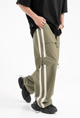 Olive Green Contrast Stripe Toggle Knee Wide Leg Track Pants