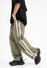 Olive Green Contrast Stripe Toggle Knee Wide Leg Track Pants