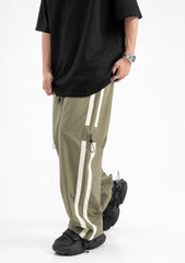 Olive Green Contrast Stripe Toggle Knee Wide Leg Track Pants