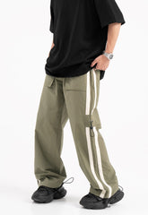 Olive Green Contrast Stripe Toggle Knee Wide Leg Track Pants