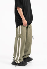 Olive Green Contrast Stripe Toggle Knee Wide Leg Track Pants