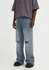 Light Blue Ripped Knee Rhinestone Spray Wide Leg Denim