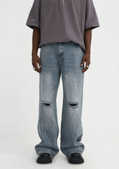 Light Blue Ripped Knee Rhinestone Spray Wide Leg Denim