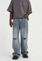 Light Blue Ripped Knee Rhinestone Spray Wide Leg Denim