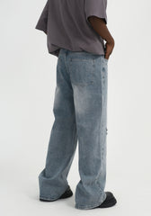 Light Blue Ripped Knee Rhinestone Spray Wide Leg Denim