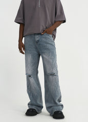 Light Blue Ripped Knee Rhinestone Spray Wide Leg Denim